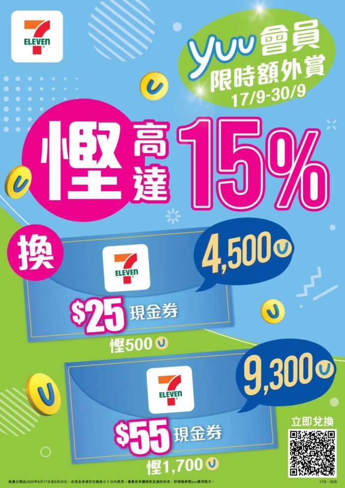 以4,500積分即可兌換7-Eleven $25電子現金券 或以9,300積分兌換7-Eleven $55電子現金券！即慳高達15%