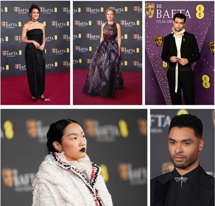Desert diamond hues take centre stage on the red carpet at the 79th British Academy Film Awards 英國電影學院獎的紅地毯上眾星佩戴沙漠鑽石珠寶彰顯自我風格:(左上至右下) Nathalie Emmanuel、Gillian Anderson、Archie Madekwe、 Audrey Nuna、Regé-Jean Page